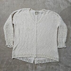 Lucky Brand Cream Crochet Sleeve V-Neck Knit Sweater Womens Large Ivory Boho